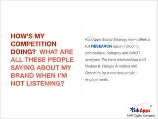 HOW’S MY           KickApps Social Strategy team offers a
COMPETITION        full RESEARCH report including
DOING? WHAT ARE    competitive, category and SWOT

ALL THESE PEOPLE   analyses. We have relationships with

SAYING ABOUT MY    Radian 6, Google Analytics and
                   Omniture for more data-driven
BRAND WHEN I’M     engagements.
NOT LISTENING?



                                           A KIT Digital Company
 