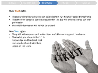 Their Trust rights
• That you will follow up with each action item in <24 hours or agreed timeframe
• That the non-personal content discussed in this 1:1 will only be shared out with
permission
• Personal information will NEVER be shared
Your Trust rights
• They will follow up on each action item in <24 hours or agreed timeframe
• That what you share in the 1:1 is
knowledge and feedback that
can also be shared with their
peers on the team.
2, 365, 47 How CEO’s do it Bill of Rights The 1:1 Mix it up
 