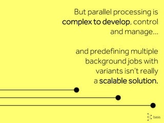 But parallel processing is
complex to develop, control
and manage…
and predefining multiple
background jobs with
variants isn’t really
a scalable solution.
 
