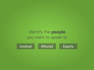 Identify the people
you want to speak to
AffectedInvolved Experts
 