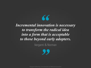 “
”
Verganti & Norman
Incremental innovation is necessary
to transform the radical idea
into a form that is acceptable
to those beyond early adopters.
Verganti & Norman, Incremental and Radical Innovation
 