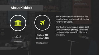 About Kickbox
The Kickbox team has been in the
email privacy and security industry
for over 10 years.
Our background in anti-spam, anti-
virus and email privacy comprises
the foundation on which Kickbox
was built.
2014
Founded
Dallas, TX
London, UK
Headquarters
 