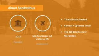 About Sendwithus
● Y Combinator backed
● Control + Optimize Email
● Top 300 Email sender
Worldwide2013
Founded
San Francisco, CA
Victoria, BC
Headquarters
 