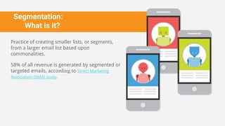 Segmentation:
What is it?
Practice of creating smaller lists, or segments,
from a larger email list based upon
commonalities.
58% of all revenue is generated by segmented or
targeted emails, according to Direct Marketing
Association (DMA) study.
 
