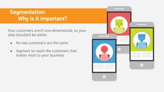 Segmentation:
Why is it important?
Your customers aren’t one-dimensional, so your
data shouldn’t be either.
● No two customers are the same
● Segment to reach the customers that
matter most to your business
 