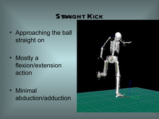 Straight Kick Approaching the ball straight on Mostly a flexion/extension action Minimal abduction/adduction 