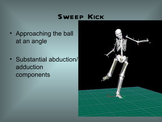 Sweep Kick Approaching the ball at an angle Substantial abduction/adduction components 