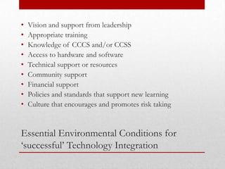 •   Vision and support from leadership
•   Appropriate training
•   Knowledge of CCCS and/or CCSS
•   Access to hardware and software
•   Technical support or resources
•   Community support
•   Financial support
•   Policies and standards that support new learning
•   Culture that encourages and promotes risk taking


Essential Environmental Conditions for
‘successful’ Technology Integration
 