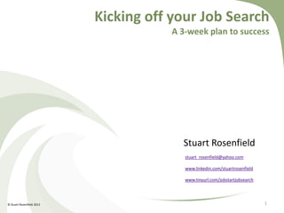 Kicking off your Job Search
A 3-week plan to success
Stuart Rosenfield
stuart_rosenfield@yahoo.com
www.linkedin.com/stuartrosenfield
www.tinyurl.com/jobstartjobsearch
© Stuart Rosenfield 2013 1
 