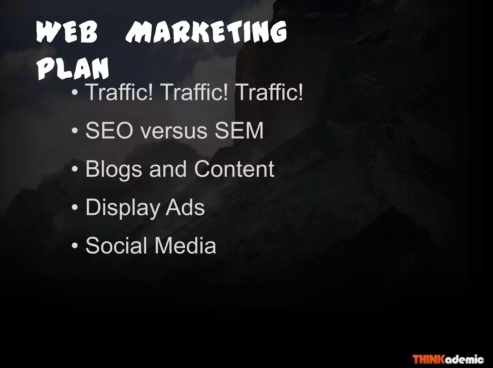 WEB MARKETING
PLAN
• Traffic! Traffic! Traffic!
• SEO versus SEM
• Blogs and Content
• Display Ads
• Social Media
 