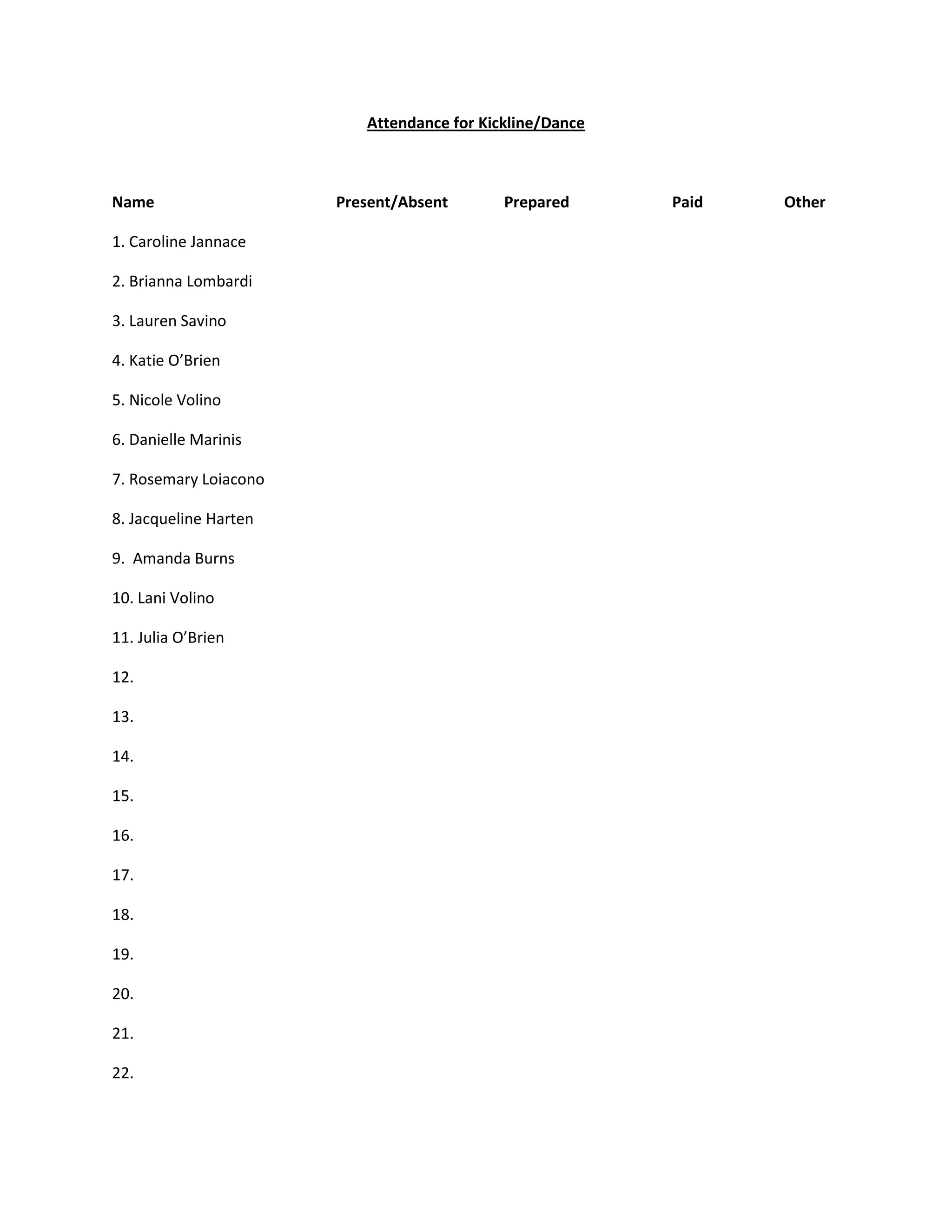Kickline attendance | PDF