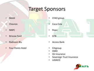 Target Sponsors
•   Mobil                       •   CFAO group.

•   Chevron                     •   Coca Cola

•   NNPC                        •   Pepsi

•   Briscoe Ford                •   GTB

•   Radisson Blu                •   Access Bank

•   Four Points Hotel           •   Citigroup
                                •   HMO
                                •   IGI Insurance
                                •   Sovereign Trust Insurance
                                •   LASACO
 