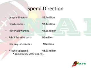 Spend Direction
• League directors             N5.4million

• Head coaches                 N2.4million

• Player allowances            N2.88million

• Administrative costs         N3million

• Housing for coaches           N3million

• *Technical spend             N3.53million
   – * Borne by NAFL IFAF and NFL
 