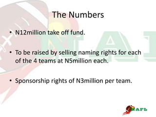 The Numbers
• N12million take off fund.

• To be raised by selling naming rights for each
  of the 4 teams at N5million each.

• Sponsorship rights of N3million per team.
 