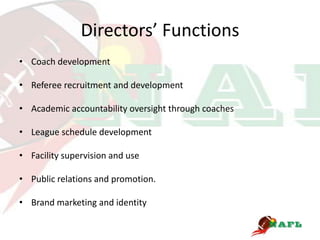 Directors’ Functions
• Coach development

• Referee recruitment and development

• Academic accountability oversight through coaches

• League schedule development

• Facility supervision and use

• Public relations and promotion.

• Brand marketing and identity
 