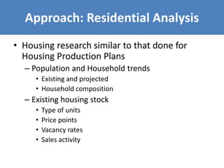 Approach: Residential Analysis
• Housing research similar to that done for
Housing Production Plans
– Population and Household trends
• Existing and projected
• Household composition
– Existing housing stock
• Type of units
• Price points
• Vacancy rates
• Sales activity
 