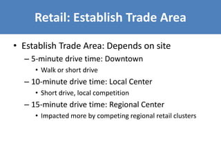 Retail: Establish Trade Area
• Establish Trade Area: Depends on site
– 5-minute drive time: Downtown
• Walk or short drive
– 10-minute drive time: Local Center
• Short drive, local competition
– 15-minute drive time: Regional Center
• Impacted more by competing regional retail clusters
 