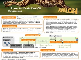 1. Presentación de AVALON
Componentes
AVALON Web Filter*

* Disponible para aplicaciones web (J2EE
o .NET)

Otros componentes
• Sistemas de persistencia: Tanto AVALON Web Filter como AVALON
Parser utilizan sistemas de persistencia, que permiten almacenar la
información procesada en caso de que se produzca algún error de
comunicación o indisponibilidad eventual de los sistemas con los que
interactúan.

• Filtro Web que captura las peticiones enviadas por el servidor web al servidor de
aplicaciones y las llamadas HTTP que pudieran ser enviadas a AVALON por éste
último (opcional), genera los ficheros en formato XML y los transfiere a AVALON
Parser mediante un sistema de colas asíncronas.

AVALON Setup Manager
• Interfaz de administración para configurar los criterios a aplicar por AVALON Web
Filter y AVALON Parser en relación a los mecanismos de seguridad en aplicaciones
y de auditoría.

• Control de errores: AVALON Parser dispone de un mecanismo que
permite identificar errores en el procesamiento de datos de auditoría y
almacenarlos en un repositorio auxiliar si no es posible efectuar su
registro en el componente AVALON Audit Trail. De este modo, se
garantiza la persistencia de la información de auditoría incluso en el
caso de errores.

AVALON Setup Manager

Aplicaciones web

Otras aplicaciones

AVALON

Usuarios

Colas XML
asíncronas

AVALON Web Filter

Base de datos de
la aplicación web

Lógica de la
aplicación web

Colas XML asíncronas

Sistema de persistencia
Llamadas HTTP (opcional)

AVALON Parser
• Componente cuyo propósito es la identificación de los casos de uso a
auditar y de los datos que deben ser registrados, en base a la
configuración realizada por el administrador del sistema, y almacenarlos en
la base de datos de auditoría (AVALON Audit Trail), desechando los datos
recabados que no se consideren de utilidad.

Copyright © 2010 Accenture All Rights Reserved.

AVALON Parser

AVALON Audit Trail

Sistema de persistencia
Control de errores

AVALON Audit Trail
• Constituye la base de datos de auditoría. Se puede optar por utilizar el
modelo estándar (opción “Easy Plug & Play”) o configurar la base de datos de
auditoría en base a los principales casos de uso que se desean auditar (opción
“Custom”), facilitando así su exportación posterior a sistemas de reporting.

4

 