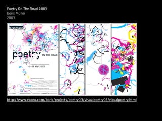 Poetry On The Road 2003
Boris Müller
2003
http://www.esono.com/boris/projects/poetry03/visualpoetry03/visualpoetry.html
 