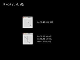 line(x1, y1, x2, y2);
line(50, 20, 100, 100);
line(30, 10, 30, 80);
line(50, 10, 50, 80);
line(10, 10, 80, 95);
 