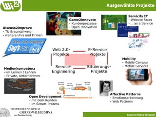 Weare wi² …A Website ismorethan „just a prettyinterface“Web 2.0Was verändert Web 2.0 an der Kommunikation von Unternehmen?E-ServicesEngineeringWie kann man elektronische Dienste gestalten, die einen Wert für das Unternehmen darstellen?Wie stellt man sicher, dass web-basierte Dienste ihr Ziel erfüllen? – aus Sicht der Aufgabe und des Menschen.Hilft es, Situationen (virtuell oder real) zu berücksichtigen?Situierung