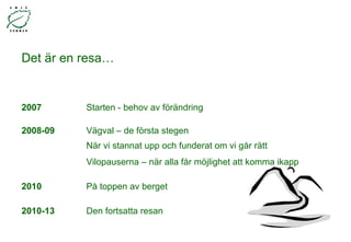 Det är en resa… 2007  Starten - behov av förändring 2008-09  Vägval – de första stegen När vi stannat upp och funderat om vi går rätt  Vilopauserna – när alla får möjlighet att komma ikapp 2010  På toppen av berget 2010-13 Den fortsatta resan 