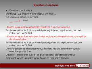 Questions Capitaine Question particulière Exemples : Ce dossier traîne depuis un mois… Ce sinistre n’est pas couvert? MAIL - Toutes les questions générales relatives à la concurrence  : Fichier excell sur le P et un mail si pièce jointe ou explication qui doit rester dans la Dir.Dist. - Toutes les questions relatives à des lourdeurs administratives ou surprises d’administration : Fichier excell sur le P et un mail si pièce jointes ou explication qui doit rester dans la Dir.Dist. Donc création de deux nouveaux fichiers, les URL seront envoyés la semaine prochaine Objectif 1 Faciliter le suivi et sa publication : partage pour tous Objectif 2 Accès simplifié pour Bruno et moi voire Roland. 