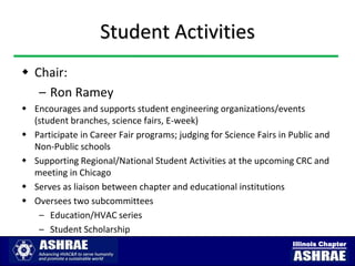 Student Activities
 Chair:
   – Ron Ramey
 Encourages and supports student engineering organizations/events
  (student branches, science fairs, E-week)
 Participate in Career Fair programs; judging for Science Fairs in Public and
  Non-Public schools
 Supporting Regional/National Student Activities at the upcoming CRC and
  meeting in Chicago
 Serves as liaison between chapter and educational institutions
 Oversees two subcommittees
   – Education/HVAC series
   – Student Scholarship
                                                                    Illinois Chapter
 