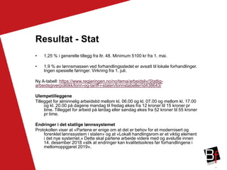16
Resultat - Stat
• 1,25 % i generelle tillegg fra ltr. 48. Minimum 5100 kr fra 1. mai.
• 1,9 % av lønnsmassen ved forhandlingsstedet er avsatt til lokale forhandlinger.
Ingen spesielle føringer. Virkning fra 1. juli.
Ny A-tabell: https://www.regjeringen.no/no/tema/arbeidsliv/Statlig-
arbeidsgiverpolitikk/lonn-og-tariff-i-staten/lonnstabeller/id438643/
Ulempetilleggene
Tillegget for alminnelig arbeidstid mellom kl. 06.00 og kl. 07.00 og mellom kl. 17.00
og kl. 20.00 på dagene mandag til fredag økes fra 12 kroner til 15 kroner pr
time. Tillegget for arbeid på lørdag eller søndag økes fra 52 kroner til 55 kroner
pr time.
Endringer i det statlige lønnssystemet
Protokollen viser at «Partene er enige om at det er behov for et modernisert og
forenklet lønnssystem i staten» og at «Lokalt handlingsrom er et viktig element
i det nye systemet.» Dette skal partene arbeide videre med og avslutte innen
14. desember 2018 «slik at endringer kan kvalitetssikres før forhandlingene i
mellomoppgjøret 2019».
 
