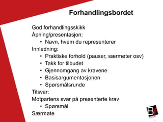 31
Forhandlingsbordet
God forhandlingsskikk
Åpning/presentasjon:
• Navn, hvem du representerer
Innledning:
• Praktiske forhold (pauser, særmøter osv)
• Takk for tilbudet
• Gjennomgang av kravene
• Basisargumentasjonen
• Spørsmålsrunde
Tilsvar:
Motpartens svar på presenterte krav
• Spørsmål
Særmøte
 