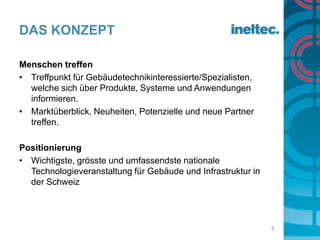 Das konzept8Menschen treffen Treffpunkt für Gebäudetechnikinteressierte/Spezialisten, welche sich über Produkte, Systeme und Anwendungen informieren.Marktüberblick, Neuheiten, Potenzielle und neue Partner treffen.PositionierungWichtigste, grösste und umfassendste nationale Technologieveranstaltung für Gebäude und Infrastruktur in der Schweiz 