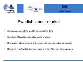 Swedish labour market High percentage of the workforce born in the 40´s High level of juvenile unemployment a problem Shortage of labour in some professions, for example in the care sector Relatively high level of unemployment in spite of the economic upswing Co-funded by the  European  Commission 