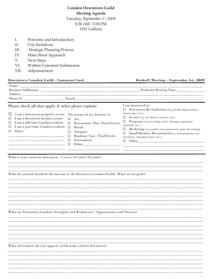 kickoff meeting comment card comment card