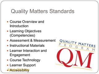 Quality Matters Standards
 Course Overview and
  Introduction
 Learning Objectives
  (Competencies)
 Assessment & Measurement
 Instructional Materials
 Learner Interaction and
  Engagement
 Course Technology
 Learner Support
Sample QM Course
 Accessibility
 