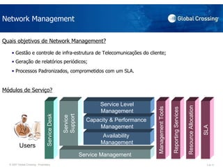 Quais objetivos de Network Management? Network Management Gestão e controle de infra-estrutura de Telecomunicações do cliente;  Geração de relatórios periódicos;  Processos Padronizados, comprometidos com um SLA.  Service Desk Service Support Service Management Management Tools Reporting Services Resource Allocation SLA Availability  Management Capacity & Performance  Management Service Level Management Módulos de Serviço? Users 