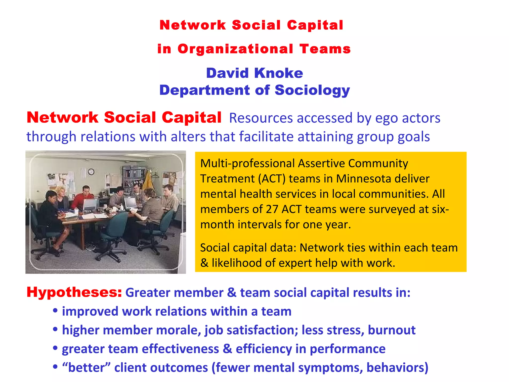Network Social Capital  in Organizational Teams David Knoke Department of Sociology Network Social Capital   Resources accessed by ego actors through relations with alters that facilitate attaining group goals Multi-professional Assertive Community Treatment (ACT) teams in Minnesota deliver mental health services in local communities. All members of 27 ACT teams were surveyed at six-month intervals for one year.  Social capital data: Network ties within each team & likelihood of expert help with work. Hypotheses:   Greater member & team social capital results in:  improved work relations within a team higher member morale, job satisfaction; less stress, burnout greater team effectiveness & efficiency in performance “ better” client outcomes (fewer mental symptoms, behaviors) 