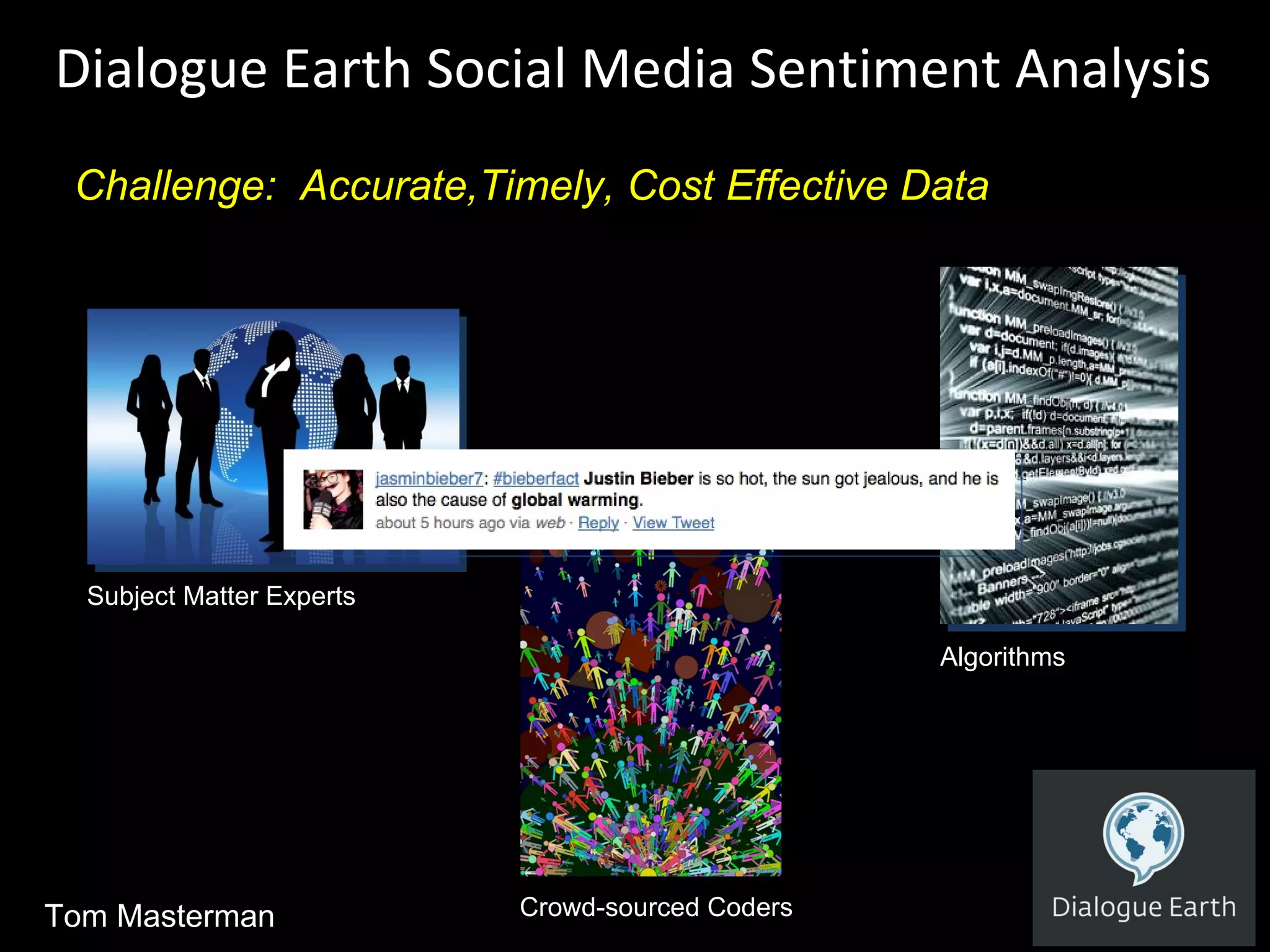 Dialogue Earth Social Media Sentiment Analysis Challenge:  Accurate,Timely, Cost Effective Data Subject Matter Experts Crowd-sourced Coders Algorithms Tom Masterman 