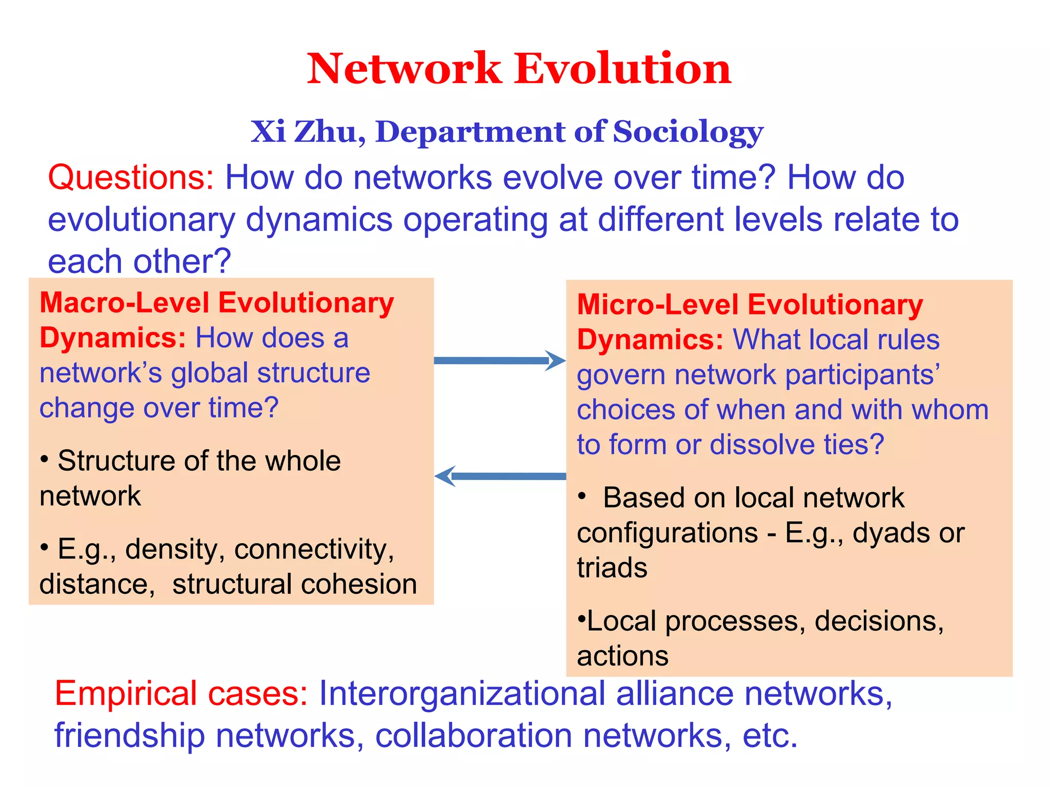 Network Evolution  Macro-Level Evolutionary Dynamics:  How does a network’s global structure change over time?  Structure of the whole network  E.g., density, connectivity, distance,  structural cohesion Micro-Level Evolutionary Dynamics:  What local rules govern network participants’ choices of when and with whom to form or dissolve ties?  Based on local network configurations - E.g., dyads or triads Local processes, decisions, actions Xi Zhu, Department of Sociology Questions:  How do networks evolve over time? How do evolutionary dynamics operating at different levels relate to each other?  Empirical cases:  Interorganizational alliance networks, friendship networks, collaboration networks, etc.  
