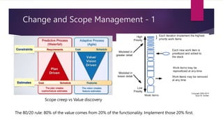 Change and Scope Management - 1
Scope creep vs Value discovery
The 80/20 rule: 80% of the value comes from 20% of the func...