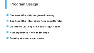 Program Design
One Year MBA - Hit the ground running
One Year MBA - Recruiters have specific roles
Classroom Learning &Immediate Application
Past Experience - How to leverage
Creating relevant experiences
 