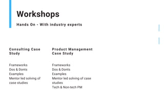 Hands On - With industry experts
Workshops
Frameworks
Dos & Donts
Examples
Mentor led solving of
case studies
Consulting Case
Study
Frameworks
Dos & Donts
Examples
Mentor led solving of case
studies
Tech & Non-tech PM
Product Management
Case Study
 