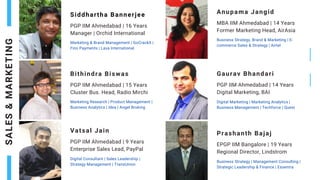Siddhartha Bannerjee
PGP IIM Ahmedabad | 16 Years
Manager | Orchid International
Marketing & Brand Management | GoCrackIt |
Fino Payments | Lava International
Anupama Jangid
MBA IIM Ahmedabad | 14 Years
Former Marketing Head, AirAsia
Business Strategy, Brand & Marketing | E-
commerce Sales & Strategy | Airtel
Bithindra Biswas
PGP IIM Ahmedabad | 15 Years
Cluster Bus. Head, Radio Mirchi
Marketing Research | Product Management |
Business Analytics | Idea | Angel Broking
Vatsal Jain
PGP IIM Ahmedabad | 9 Years
Enterprise Sales Lead, PayPal
Digital Consultant | Sales Leadership |
Strategy Management | TransUnion
SALES
&
M
A
R
K
E
TING
Gaurav Bhandari
PGP IIM Ahmedabad | 14 Years
Digital Marketing, BAI
Digital Marketing | Marketing Analytics |
Business Management | Techforce | Quest
Prashanth Bajaj
EPGP IIM Bangalore | 19 Years
Regional Director, Lindstrom
Business Strategy | Management Consulting |
Strategic Leadership & Finance | Essentra
 