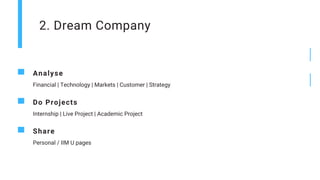 2. Dream Company
Analyse
Financial | Technology | Markets | Customer | Strategy
Do Projects
Internship | Live Project | Academic Project
Share
Personal / IIM U pages
 