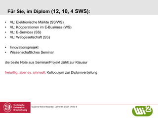 Für Sie, im Diplom (12, 10, 4 SWS):
• 
• 
• 
• 

VL: Elektronische Märkte (SS/WS)
VL: Kooperationen im E-Business (WS)
VL: E-Services (SS)
VL: Webgesellschaft (SS)

•  Innovationsprojekt
•  Wissenschaftliches Seminar
die beste Note aus Seminar/Projekt zählt zur Klausur
freiwillig, aber ev. sinnvoll: Kolloquium zur Diplomvertiefung

Susanne Robra-Bissantz | Lehre WS 13/14 | Folie 6

 