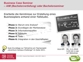 29.10.2010 | Susanne Robra-Bissantz | Lehre 2010 | Seite 21
Business Case Seminar
– AIM (Bachelorvertiefung) oder Bachelorseminar
Kick-Off: MI, 3.11.2010
9.45 Uhr in der
wi² Bibliothek
Erarbeite die Kenntnisse zur Erstellung eines
Businessplans anhand einer Fallstudie.
Gute Grundlage zur Teilnahme am Teamprojekt
„Accenture Campus Challenge“ im SoSe 2011.
Phase 1: Warum eine Analyse?
Phase 2: Grundlagen der Marktanalyse
Phase 3: Informationsquellen
Phase 5: Fallstudie
Phase 4: Tools
Phase 6: Integration in den Geschäftsplan
 