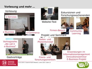 29.10.2010 | Susanne Robra-Bissantz | Lehre 2010 | Seite 16
Vorlesung und mehr ...
Vorlesung
e-Business
e-Services
e-Commerce
Exkursionen und
Forschungswochenenden
Community-
Learning
Firmen-Besuch
Projekt und Seminare
Website-Test
Anwendungen im
Informationsmanagement
Innovationsseminar
E-Business-Projekt
Rollen- und
Phasenkonzept
Praxis- und
forschungsorientiert
Gastvorträge
Vortragsreihe
„We call it
e-Business“
 