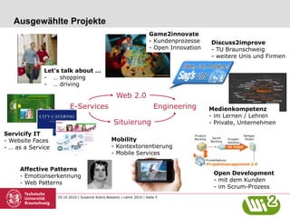 29.10.2010 | Susanne Robra-Bissantz | Lehre 2010 | Seite 5
Ausgewählte Projekte
Web 2.0
Situierung
E-Services Engineering
Let‘s talk about …
- … shopping
- … driving
Open Development
- mit dem Kunden
- im Scrum-Prozess
Mobility
- Kontextorientierung
- Mobile Services
Affective Patterns
- Emotionserkennung
- Web Patterns
Servicify IT
- Website Faces
- … as a Service
Discuss2improve
- TU Braunschweig
- weitere Unis und Firmen
Game2innovate
- Kundenprozesse
- Open Innovation
Medienkompetenz
- im Lernen / Lehren
- Private, Unternehmen
 