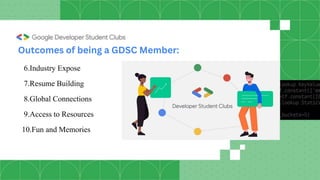 6.Industry Expose
7.Resume Building
8.Global Connections
9.Access to Resources
10.Fun and Memories
Outcomes of being a GDSC Member:
 