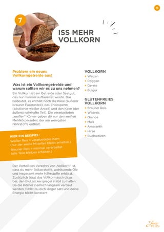 13
Probiere ein neues
Vollkorngetreide aus!
Was ist ein Vollkorngetreide und
warum sollten wir es zu uns nehmen?
Ein Vollkorn ist ein Getreide oder Saatgut,
das nur minimal aufbereitet wurde. Das
bedeutet, es enthält noch die Kleie (äußerer
brauner Faseranteil), das Endosperm
(köstlicher weißer Anteil) und den Keim (der
äußerst nahrhafte Teil). Die verarbeiteten
„weißen“ Körner geben dir nur den weißen
Mehlkörperanteil, der am wenigsten
Nährstoffe enthält.
Der Vorteil des Verzehrs von „Vollkorn ist,
dass du mehr Ballaststoffe, wohltuende Öle
und insgesamt mehr Nährstoffe erhältst.
Zusätzlich trägt das Vollkorn auch dazu
bei, den Blutzuckerspiegel stabil zu halten.
Da die Körner ziemlich langsam verdaut
werden, fühlst du dich länger satt und deine
Energie bleibt konstant.
VOLLKORN
+ Weizen
+ Roggen
+ Gerste
+ Bulgur
GLUTENFREIES
VOLLKORN
+ Brauner Reis
+ Wildreis
+ Quinoa
+ Mais
+ Amaranth
+ Hirse
+ Buchweizen
ISS MEHR
VOLLKORN
HIER EIN BEISPIEL:
Weißer Reis = verarbeitetes Korn
(nur der weiße Mittelteil bleibt erhalten.)
Brauner Reis = minimal verarbeitet
(alle Teile bleiben erhalten.)
7
 