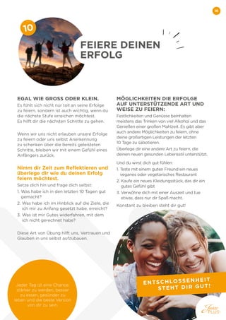 16
EGAL WIE GROSS ODER KLEIN.
Es fühlt sich nicht nur toll an seine Erfolge
zu feiern, sondern ist auch wichtig, wenn du
die nächste Stufe erreichen möchtest.
Es hilft dir die nächsten Schritte zu gehen.
Wenn wir uns nicht erlauben unsere Erfolge
zu feiern oder uns selbst Anerkennung
zu schenken über die bereits geleisteten
Schritte, bleiben wir mit einem Gefühl eines
Anfängers zurück.
Nimm dir Zeit zum Reflektieren und
überlege dir wie du deinen Erfolg
feiern möchtest.
Setze dich hin und frage dich selbst:
1. 
Was habe ich in den letzten 10 Tagen gut
gemacht?
2. 
Was habe ich im Hinblick auf die Ziele, die
ich mir zu Anfang gesetzt habe, erreicht?
3. 
Was ist mir Gutes widerfahren, mit dem
ich nicht gerechnet habe?
Diese Art von Übung hilft uns, Vertrauen und
Glauben in uns selbst aufzubauen.
MÖGLICHKEITEN DIE ERFOLGE
AUF UNTERSTÜTZENDE ART UND
WEISE ZU FEIERN:
Festlichkeiten und Genüsse beinhalten
meistens das Trinken von viel Alkohol und das
Genießen einer großen Mahlzeit. Es gibt aber
auch andere Möglichkeiten zu feiern, ohne
deine großartigen Leistungen der letzten
10 Tage zu sabotieren.
Überlege dir eine andere Art zu feiern, die
deinen neuen gesunden Lebensstil unterstützt.
Und du wirst dich gut fühlen:
1. 
Teste mit einem guten Freund ein neues
veganes oder vegetarisches Restaurant
2. 
Kaufe ein neues Kleidungsstück, das dir ein
gutes Gefühl gibt
3. 
Verwöhne dich mit einer Auszeit und tue
etwas, dass nur dir Spaß macht.
Konstant zu bleiben steht dir gut!
FEIERE DEINEN
ERFOLG
10
Jeder Tag ist eine Chance,
stärker zu werden, besser
zu essen, gesünder zu
leben und die beste Version
von dir zu sein.
ENTSCHLOSSENHEIT
STEHT DIR GUT!
 